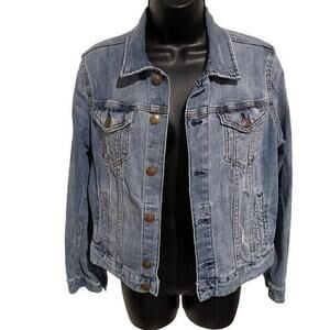 H&M Women’s Blue Distressed Denim Jacket Size 10 Button Front Classic Jean Coat